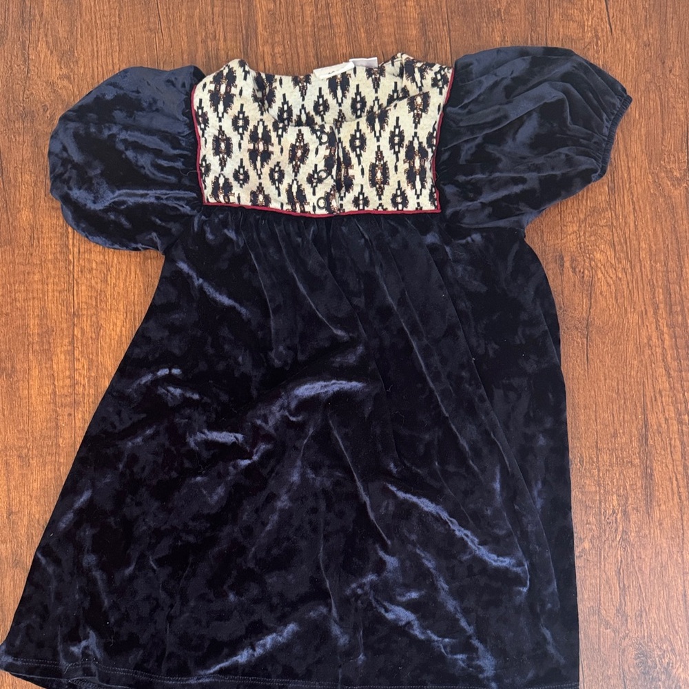 Zara Navy Velvet Dress with Cream Patterned Yoke